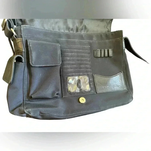 Fossil Leather Microfiber Black large Multi Pocket Shoulder Tote Messenger Bag - Picture 13 of 16